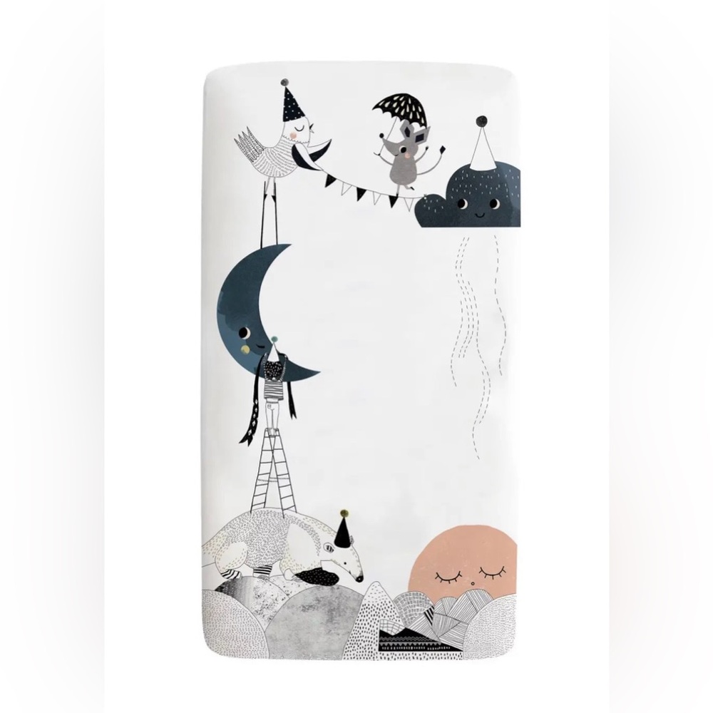 Whimsical Moon & Animals Toddler Fitted Sheet - White & Gray